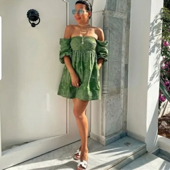 Zara Openwork Eyelet Embroidered Dress in Green Size M - Picture 9 of 15